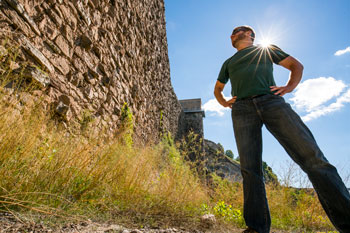 Man standing at base of Schoellkopf Elevator in Niagara Falls, NY