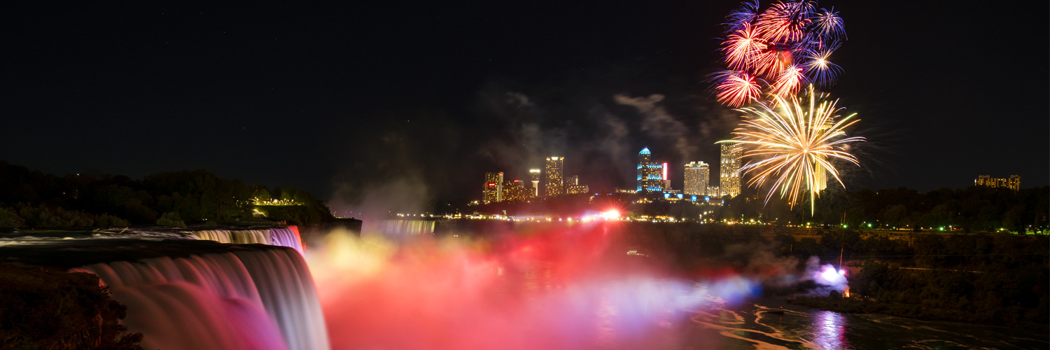 fireworks over niagara falls at night